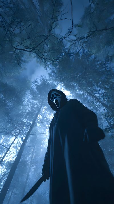 a person in a hooded suit holding a knife and standing in the woods at night Halloween Movie Themed Ghostface Pictures, Ghostface Iphone, Iphone Dark, dark slate gray