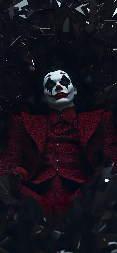 the joker is laying down in some black and red foil paper with his face painted white Juvea Halloween 4k Hd 4k Joker, Joker 4k Ultra Hd Iphone Dark, Dark 4k Joker, Red Joker 4k, Joker Hd, black