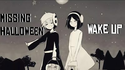 two people standing next to each other with the words missing halloween wake up above them Missing Halloween Missing Halloween Matching Icons, Missing Halloween Art, Anime Halloween Gif Banner, dim gray