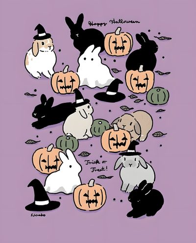 a bunch of rabbits and pumpkins on a purple background with the words happy halloween Halloween Rabbit Halloween Rabbit, Bunny Fall Aesthetic, Cute October Rabbit, dark gray