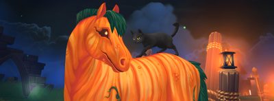a black cat standing on top of an orange horse in front of a city at night Star Stable Halloween 1920x1080 Sso Halloween, Star Stable Halloween Background, Autumn Star Stable Background, dark slate gray