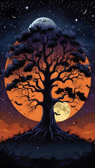 a tree with bats on it and the moon in the background Halloween Tree Images Of Halloween Trees, Halloween Tree Images, Halloween Tree Pictures, black