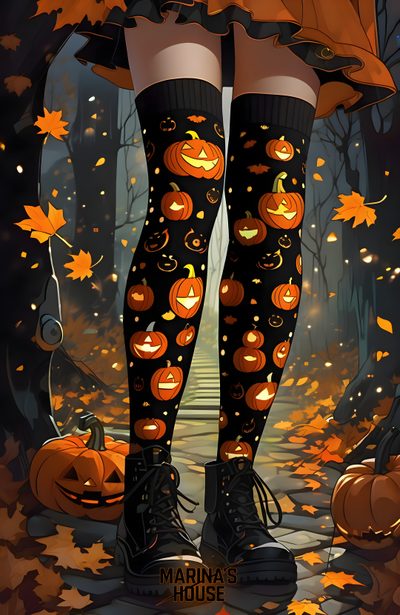the legs of a woman wearing black stockings with pumpkins and leaves on them in front of a forest Happy Halloween Stockings Art Halloween, Halloween Art, Halloween Boots Drawing, black