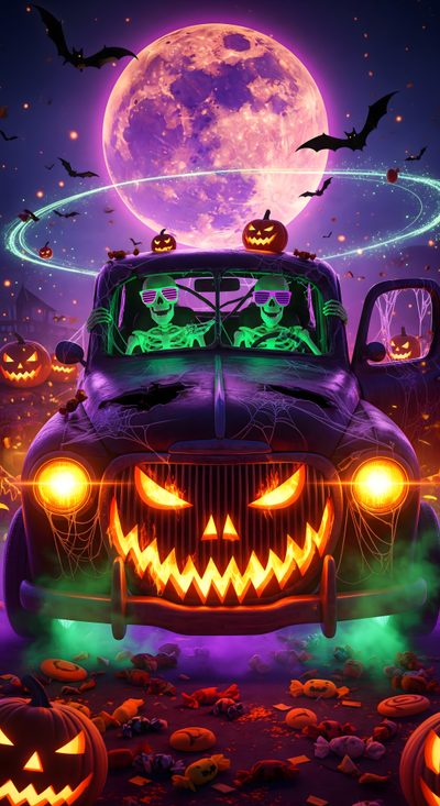 an old car with pumpkins on the hood in front of a full moon filled sky Halloween Car Spirit Of Halloween, Happy Halloween Pictures, Halloween Backgrounds, dark slate gray