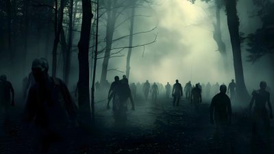 a group of zombies walking through the woods Halloween Zombie Zombie Hill Background Hd, Zombie Gif, Zombies 4k, Zombie Background, black