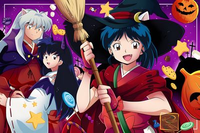 an anime character holding a broom and surrounded by other characters, including pumpkins and witches Inuyasha Halloween Inuyashas Birthday, Inuyasha Birthdays, Inuyasha Halloween, Inuyasha Witch, brown