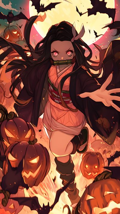 a cartoon character is surrounded by pumpkins Nezuko Kamado Halloween Nezuko Thanksgiving, Demon Slayer Halloween, Halloween Demon Slayer, saddle brown