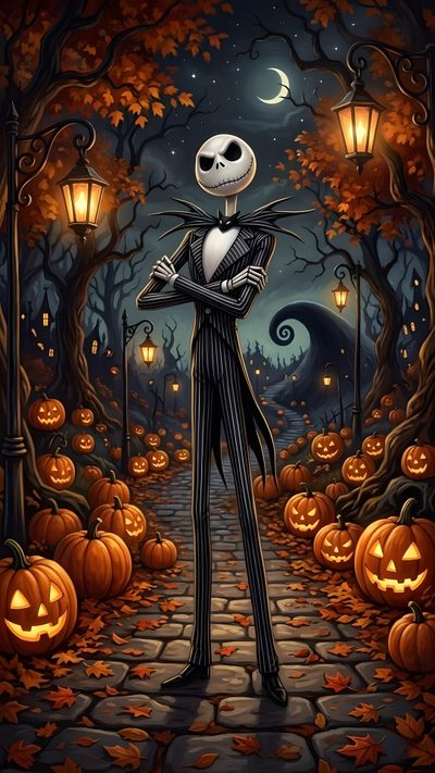 a skeleton standing in the middle of a road with pumpkins Jack Skellington Halloween Jack Skellington Fall, The Nightmare Before Christmas, Clay Mation, dark slate gray