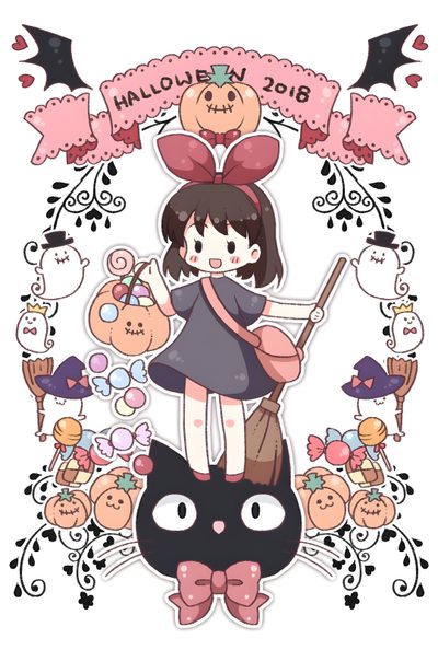 a girl is holding a black cat and wearing a pink bow, with halloween decorations around her Studio Ghibli Halloween Kikis Delivery Service Halloween, Halloween Studio Ghibli, Gibli Studio Halloween, snow