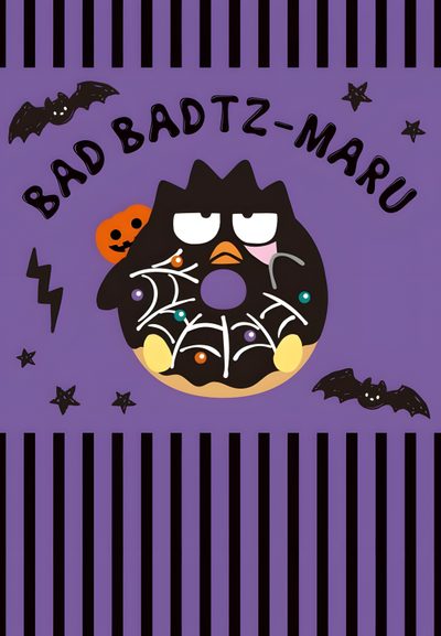 a donut with spooky eyes and bats on it that says bad batz - maru Badtz Maru Halloween Badtz Maru Vampire, Bad Badtz Maru, Badtz Mary, Tuxedo Sam Halloween, slate gray