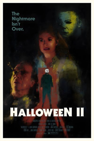 a movie poster for halloween ii with two people standing in front of an evil man Halloween Ii Famous Horror Movie Posters, Original Horror Movie Posters, Halloween Ends Poster, black