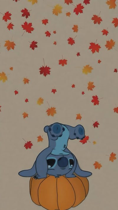 an elephant sitting on top of a pumpkin with falling leaves around it in the air Preppy Stitch Halloween Stitch Fall, Cute Fall Stitch, Stitch Thanksgiving, Thanksgiving Stich, gray