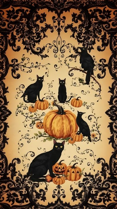 black cats and pumpkins on an orange background with ornate scrollwork around the edges Cute Retro Style Halloween Black Cats Halloween, Halloween Art, Phone, Home Decor, Home Décor, sienna