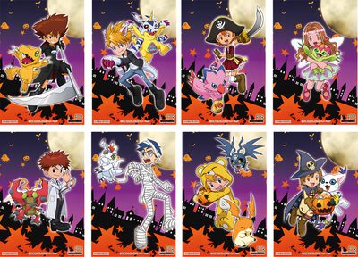 cartoon characters in halloween costumes with pumpkins and bats Digimon Halloween Digimon Halloween, Digimon Christmas, Digimon Birthday, Digimon Tri Digivice Colors, sienna