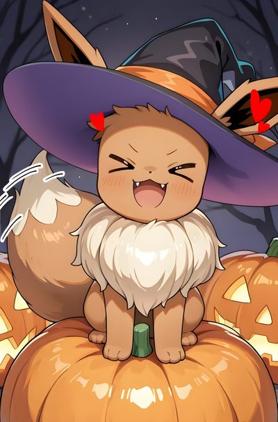 a cartoon cat wearing a witches hat sitting on top of a pumpkin with two jack - o'lanterns in the background Eevee Halloween Eevee Witch, Eevee, Eevee Evolutions, Witch, Pokemon, Drawings, indian red