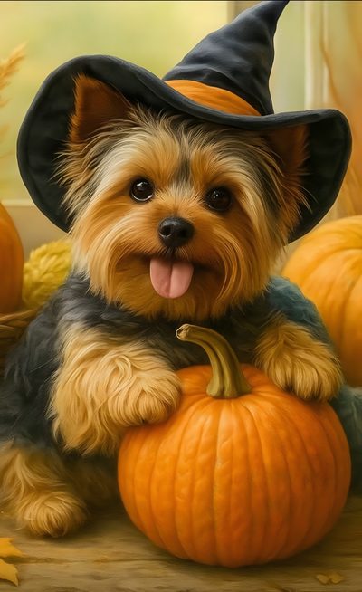 a painting of a dog wearing a witches hat and sitting on a pumpkin with its tongue out Yorkie Halloween Trick Or Treat, saddle brown
