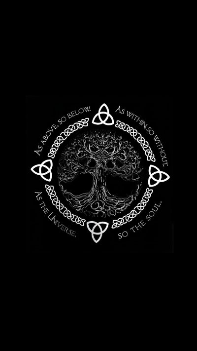 the tree of gondol is surrounded by four interlaced circles and two celtic symbols Halloween Celtic Celtic Aesthetic, Yggdrasil Iphone, Norse Pagan Iphone, Norse Pagan, Yggdrasil, black