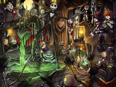 a group of cartoon characters standing in front of a halloween themed room with pumpkins Kingdom Hearts Halloween Halloween Town Nightmare Before Christmas, Kingdom Hearts Halloween Town Map, Kh2 Nightmare Before Christmas, dark slate gray