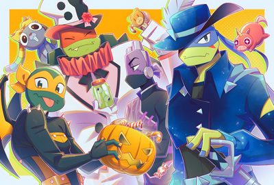 cartoon characters dressed up in halloween costumes and holding pumpkins, with an orange background Tmnt Halloween Rottmnt Group Photo, Tmnt New Years, Tmnt Halloween, Rottmnt Christmas Fanart, rosy brown