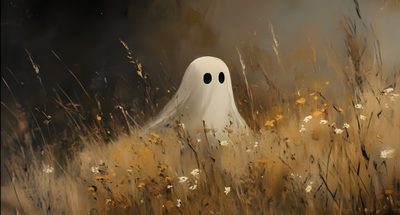 a painting of a ghost standing in the middle of a field with tall grass and yellow flowers Halloween Ghost Computer Ghost Illustration Art, Ghost In A Field Of Tall Grass, Halloween Decoration Ideas, dark olive green