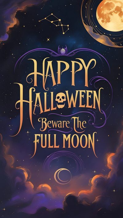 a poster with the words happy halloween beware the full moon and stars in the sky Halloween Quote Halloween Full Moon Background, Halloween Witch Quote Art, Full Moon Halloween, dark slate gray
