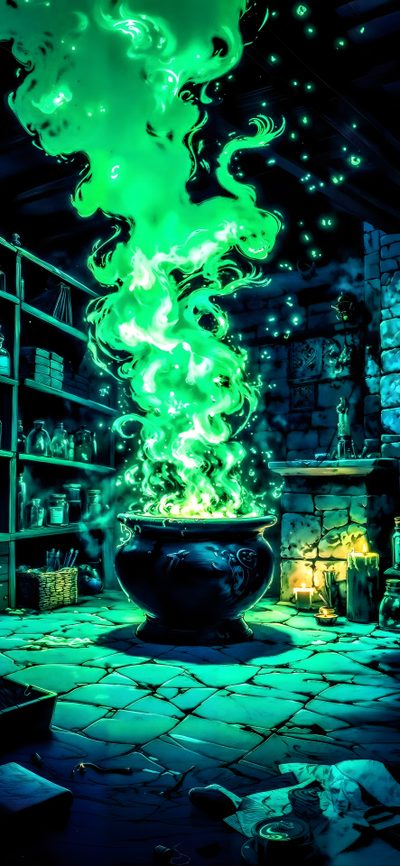 a large pot filled with green liquid sitting on top of a stone floor next to a fireplace Dnd Halloween Halloween Potion Background, Bubbling Cauldron, Black And Green Halloween, dark slate gray