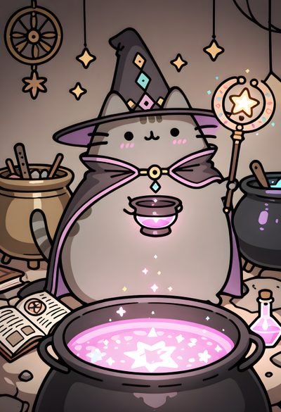 a cartoon cat wearing a witches hat sitting in front of a caulder filled with liquid Kawaii Kawaii Pusheen Halloween Halloween Pusheen, Pusheen Halloween, Pusheen Witch, dim gray