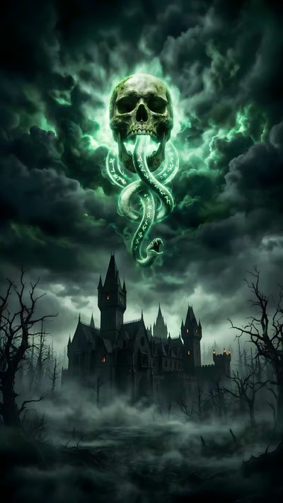 an image of a scary castle with a skull in the air and tentacles coming out of it Slytherin Halloween The Dark Mark Harry Potter, Dark Mark, Dark Mark Over Hogwarts, dark slate gray