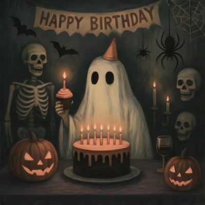 a birthday cake with candles on it and two skeletons sitting in front of the cake Halloween Birthday Spooky Birthday Gif, Happy Birthday Spooky Gif, Happy Halloween Birthday Pictures, dark slate gray