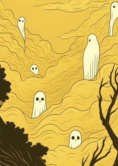 an image of halloween scene with ghost on the hill and trees in the foreground Cute Yellow Halloween Ghost Shrimp, Ghost, Yellow, sandy brown
