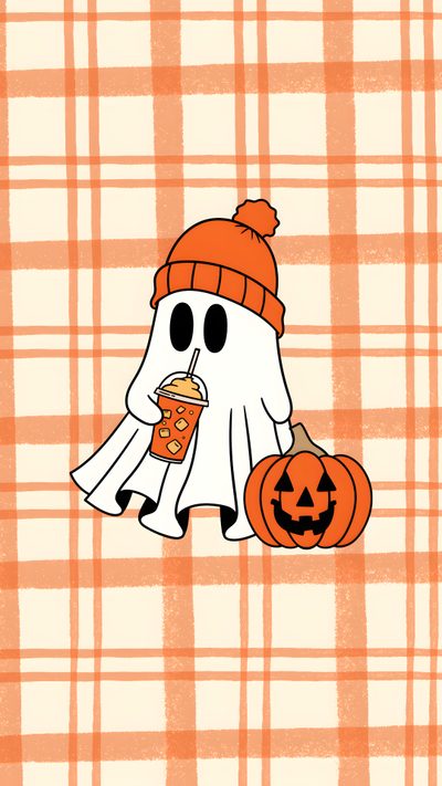 an orange and white checkered background with a cartoon ghost holding a drink in it's hand Preppy Halloween Ghost Preppy Halloween, Fall Background, Halloween, Cute, peach puff
