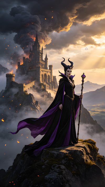 the maleficent stands on top of a mountain holding a staff Maleficent Halloween Maleficent Descendants, Maleficent, Disney Villains, Disney Art, dark slate gray