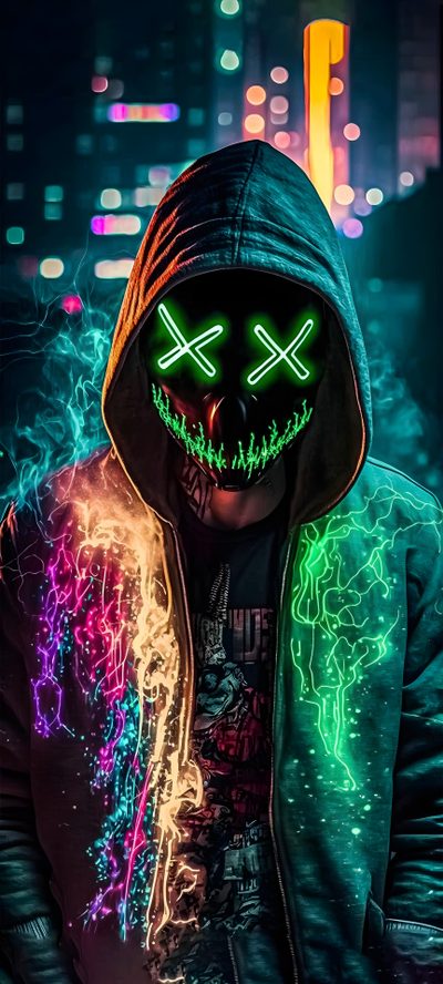 a man wearing a neon mask and hoodie in front of a cityscape Halloween Iphone For Boys Qhd, Cool For Men, Batman Joker, Hacker, Graffiti Iphone, Eagle, black