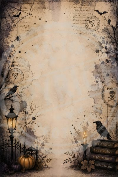 an old paper with a crow sitting on top of some books and two pumpkins Halloween Scroll Halloween, rosy brown