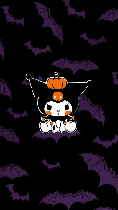 an image of a cartoon character with bats in the background on a purple and black wallpaper Halloween Cute Kuromi Halloween Kuromi Autumn, Pastel, Hello Kitty, Kitty, black