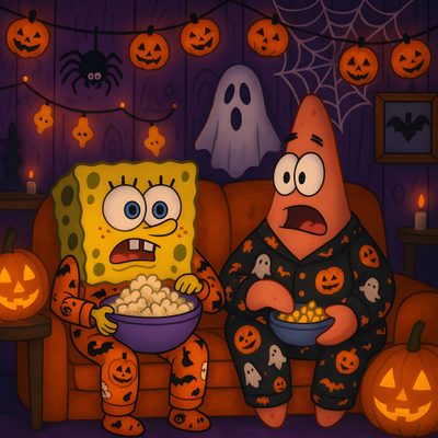 two cartoon characters sitting on a couch with pumpkins and jack - o'- lanterns in the background Spongebob Halloween Autumn Spongebob, Spongebob With Pumpkin, Fall Spongebob, Spongebob Halloween Pfp, maroon