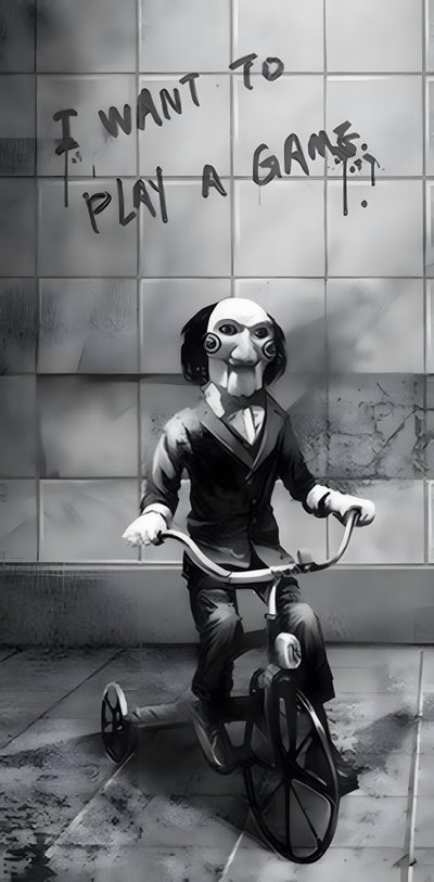 a drawing of a person riding a bike with the words i want to play a game written on it Halloween 2 Saw Horror, Billy The Puppet Black And White, Saw Jigsaw, Jigsaw Horror, Billy The Puppet, gray