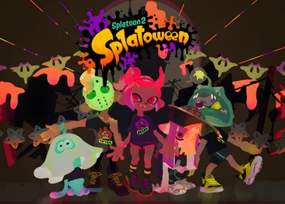 an image of some cartoon characters in front of a dark background with neon colors and splatters Splatoon Halloween Splatoon 3 Cover Art, Splatoon Promotional Art, Splatoween, Splatoon Poster Art, black
