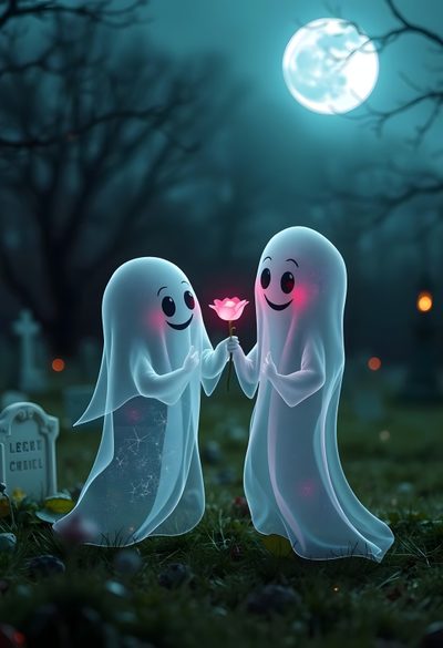 two ghost standing next to each other in the grass Halloween Love Ghost Couple, Ghost And Cat, Love Ghost, Ghost Love, Ghost And Flowers, dark slate gray
