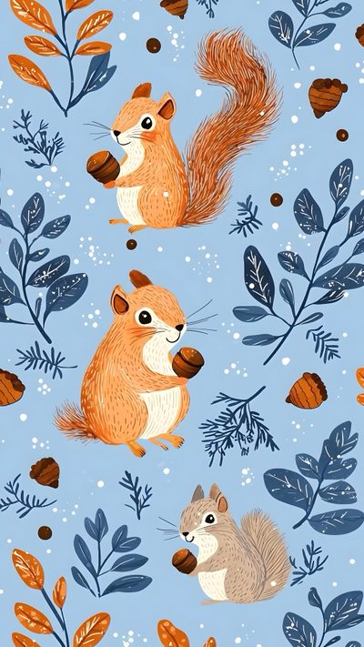 a blue background with squirrels and leaves on it Squirrel Halloween Cute Animal Illustrations Fall Theme, Squirrel With Acorn, Autumn Animal Ideas, light steel blue