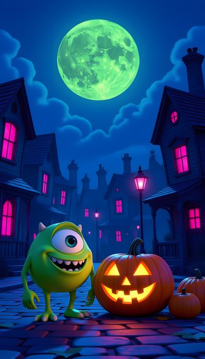 monsters and pumpkins in front of a full moon Monsters Inc Halloween Monsters Inc Halloween, Cute Halloween Pictures, Disney Art Of Animation, midnight blue