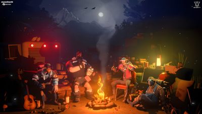 some people sitting around a campfire at night Tf2 Halloween Steam Artwork, Fortress 2, Team Fortress 2, Team Fortress, Folk Tales, Gravity Falls, black