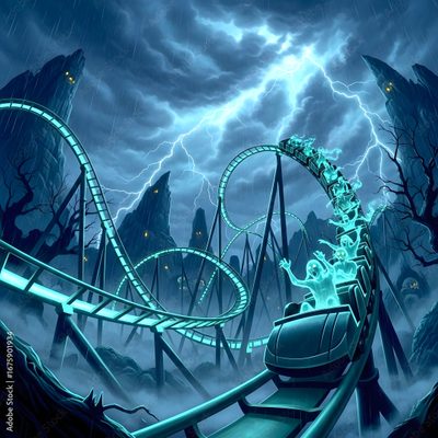 a roller coaster ride in the middle of a storm filled sky with lightning striking overhead Halloween Roller Coaster Halloween Graveyard, Spooky Amusement Park, Im Mad, Horror Movie Posters, teal
