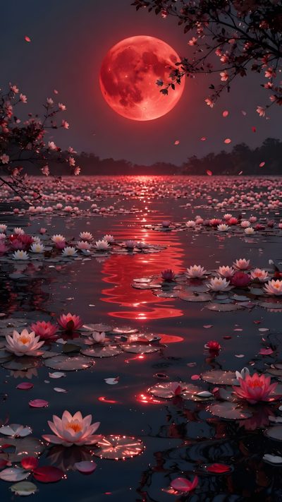 the full moon is reflected in the water with lily pads floating on it's surface Moonlight Flowers Halloween Floral Full Moon Images, Red And Black, Moon Images, Moonlit Sky, dark slate gray
