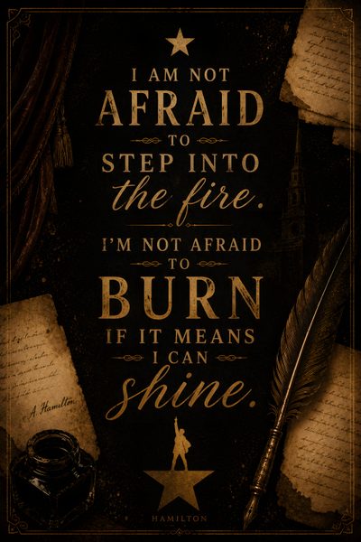 an old fashioned poster with the quote i am not afraid to step into the fire, i'm not afraid to burn if it means shine Hamilton Halloween Hamilton Quotes Lyrics, Hamilton Musical Quotes, Hamilton Lyrics, Hamilton Quotes, black