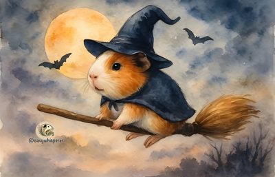 a painting of a hamster dressed as a witch on a broom Halloween Guinea Pig Pig Halloween, Pig Art, Moonlit Sky, Guinea Pigs, Halloween Diy, Halloween Tshirts, gray