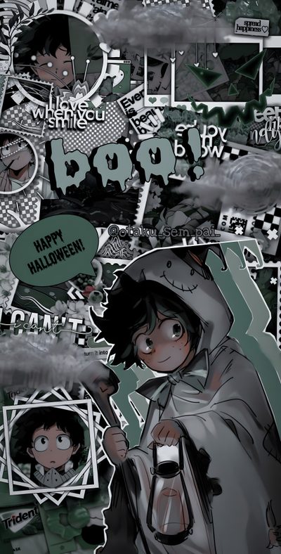 a bunch of stickers that are on top of a wall with the words happy halloween written above them Aesthetic Mha Halloween Izuku Midoriya Iphone, My Hero Academia Deku, Mha, dark slate gray