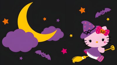 hello kitty is flying over the moon with her cat on it's back, Cute Hello Kitty Halloween Gif Cute Halloween Card Inspiration, Halloween Hello Kitty Design, Halloween Party Decoration Ideas, black