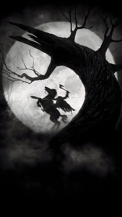 black and white photograph of two people riding on horses in front of a full moon Halloween Headless Horseman Sleepy Hollow Tattoo Ideas, Headless Horseman And Ichabod Crane, Sleepy Hollow Headless Horseman, black