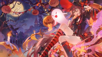 an anime character is sitting on the ground in front of some pumpkins and candles Genshin Impact Halloween Halloween Anime Background, Genshin Impact Halloween, Anime Halloween Backgrounds, sienna